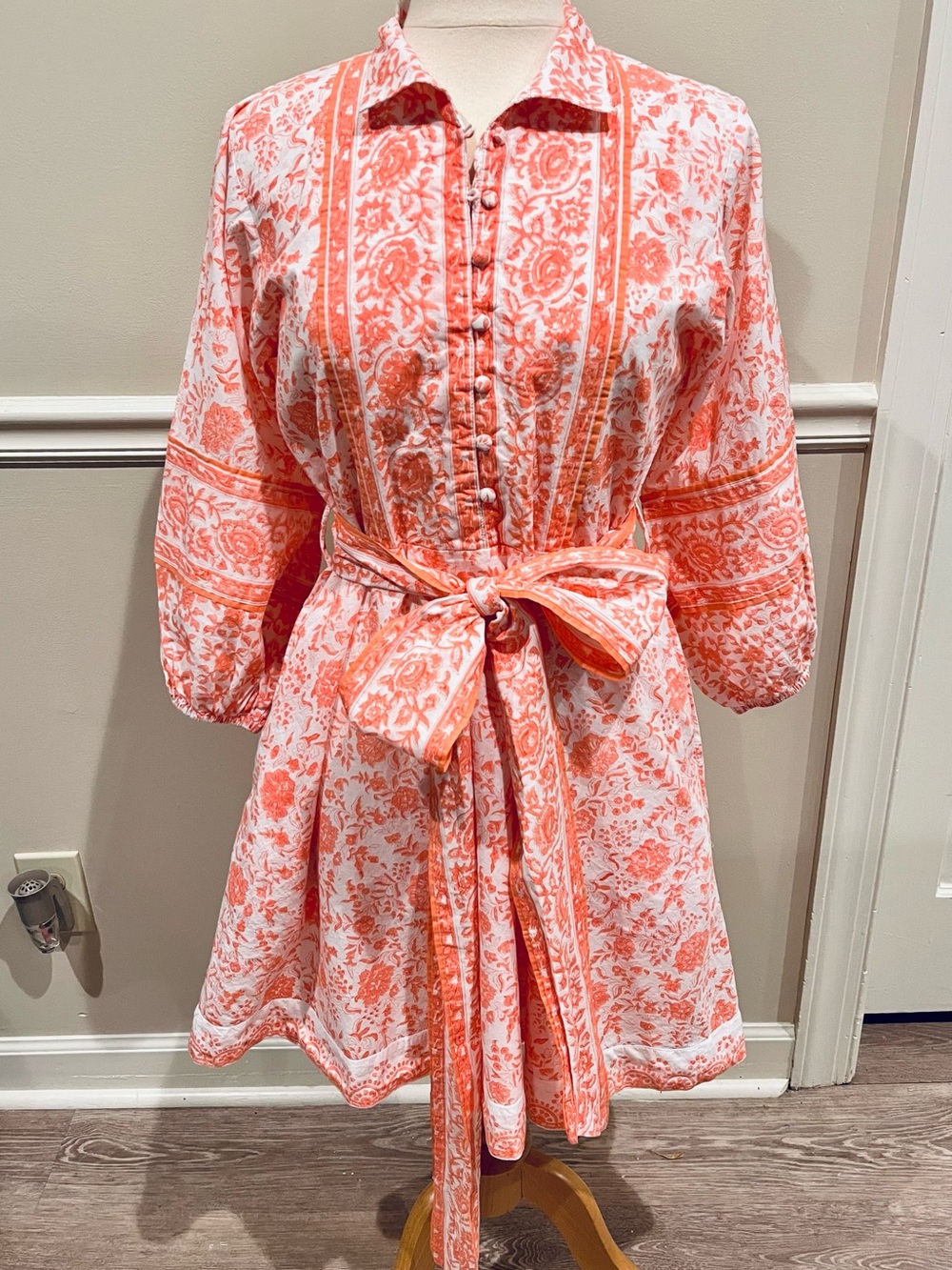 Sue Sartor Women's Coral Floral Tie-Waist Shirt Dress